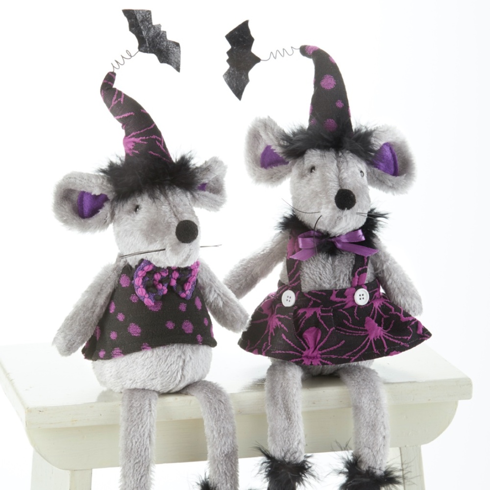 Set of 2  
 Mice Plush Sitting Dolls w Dangle Legs Witch Hat  New